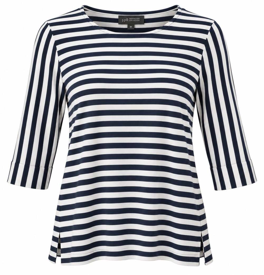 J Jill Wearever Collection Navy Ivory Striped 3/4 Sleeve Tunic Top Medium